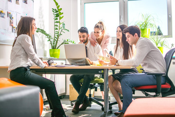 Wall Mural - Group of business people having a business meeting while sitting around the conference table.