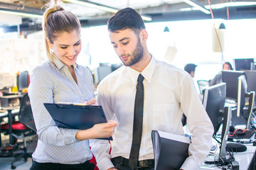 Wall Mural - Businesswoman analyzing business document with her male colleague in the office.