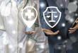 © wladimir1804 - Pharmacy compliance. Pharmaceutical regulations. Pharmacist offers pill ( drug ), businessman represent clipboard (checklist) with pencil icon on virtual screen. Health care business rules.