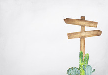 Hand Drawn Watercolor Painting Of Wooden Signpost With Cactus On Grey Background