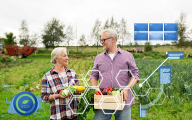 senior couple with box of vegetables on farm