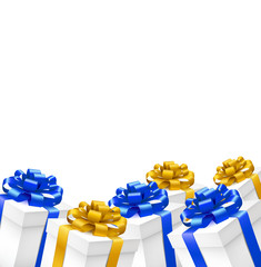 Wall Mural - Gift boxes with gold, blue ribbons  isolated on white  background. Vector illustration.