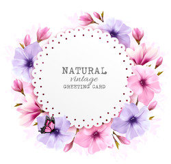 Natural vintage greeting card with a cdolorful flowers. Vector.