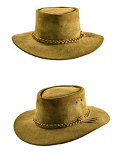 Vintage Cowboy Leather Hat, Front View And Right Angular Perspective View,isolated.