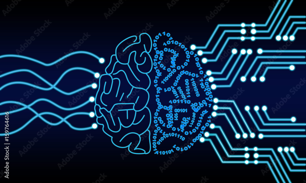 Artificial Intelligence Human Brain Processor Circuit. Cybernetic Brain. Machine Learning Technology Concept Illustration. - obrazy, fototapety, plakaty 