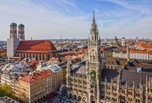 Munich Panoramic View Old Town Architecture, Bavaria, Germany. Frauenkirche And Town Hall On Marienplatz