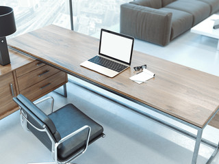 Office interior with blank computer monitor. 3d rendering