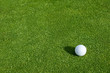 Side view of golf ball on a putting green
