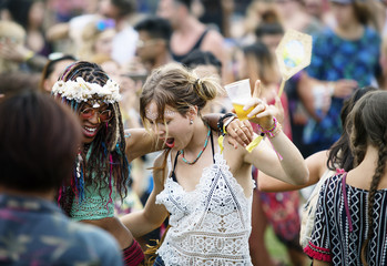 Wall Mural - Group of Friends Drinking Beers Enjoying Music Festival Together