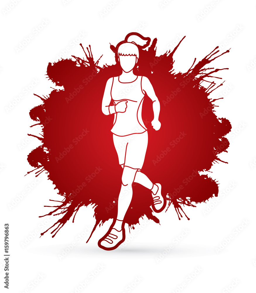 Running woman, sport woman sprinter, marathon runner designed on splash ...