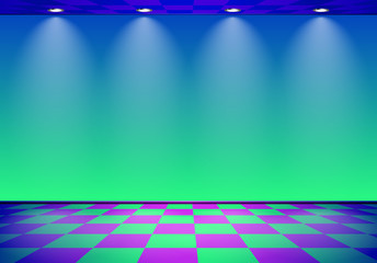 Sticker - 80s styled vapor wave room with blue and green wall over checked floor