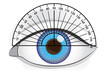 Blue eye of woman with protractor for angles check. Illustration about vision and eyesight.