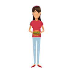 Wall Mural - woman holding burger unhealthy nutrition food vector illustration