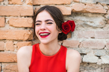 Wall Mural - girl with dental braces on teeth