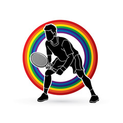 Canvas Print - Tennis player action , Man play tennis designed on line rainbows background graphic vector.