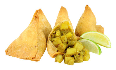 Wall Mural - Punjabi style vegetable samosas isolated on a white background