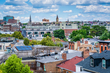 View of buildings in Fells Point, Baltimore, Maryland.