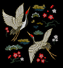 Japanese White Cranes With Red Flowers. Embroidery Vector.