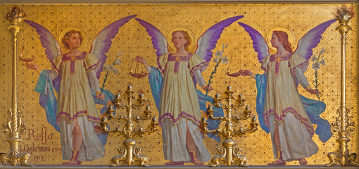 TURIN, ITALY - MARCH 15, 2017: The fresco of angels in presbytery of church Chiesa di San Dalmazzo by Enrico Reffo and Luigi Guglielmino (1913).