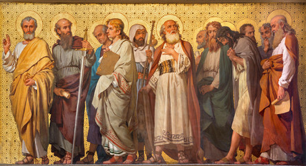 turin, italy - march 15, 2017: the symbolic fresco of twelve apostles in church chiesa di san dalmaz