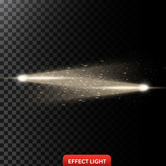 Wall Mural - Vector illustration of a two golden light rays with glitter, a light beams with sparks, a glow effect, an explosion, a flash on a black background. Design element