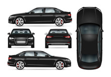 Black Car Vector Template For Car Branding And Advertising. Isolated Business Sedan Set. All Layers And Groups Well Organized For Easy Editing And Recolor. View From Side; Front; Back; Top.