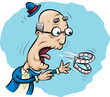 A cartoon senior man reacting to his set of false teeth dentures falling out of his mouth.