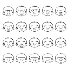 Set of kid facial emotions. Outline boy face with different expressions.