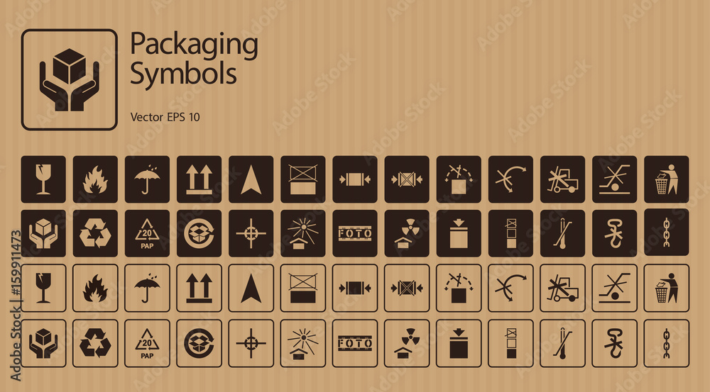 A set of packaging symbols on cardboard background - obrazy, fototapety, plakaty 