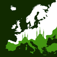 Expansion of Islam in Europe. Islamic religion with mosques are spreading over the territory of the continent. Muslims as majority in the society. Cultural and religious islamization 