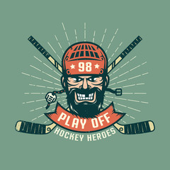 Retro playoff logo with bearded hockey player, crossed sticks and sunburst. Worn texture on a separate layer and can be easily disabled.