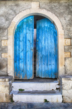 Old Wall And Blue Wooden Door, Greece