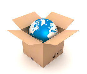 Wall Mural - globe and cardboard box 3d illustration