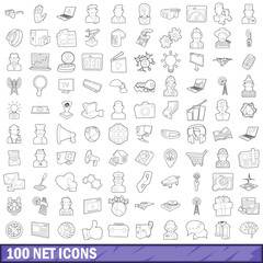 Sticker - 100 net icons set, outline style