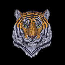 Tiger Head Noble Staring. Front View Embroidery Patch Sticker. Orange Striped Black Wild Animal Stitch Texture Textile Print. Jungle Logo Vector Illustration