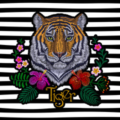 Tiger head tropic flower. Front view embroidery patch sticker. Orange striped black wild animal stitch texture textile print. Jungle logo vector illustration
