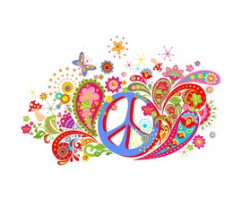 Poster - Psychedelic print with hippie peace symbol, mushrooms, colorful abstract flowers and paisley