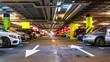 Modern, organized underground car parking garage. Perspective view. High-tech architecture