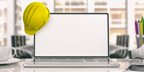 Construction helmet and a laptop in an office. 3d illustration