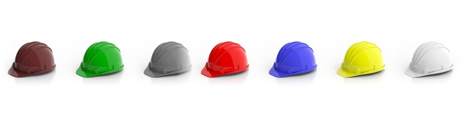 Wall Mural - Colorful construction helmets on white background. 3d illustration