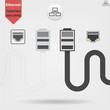 Ethernet cable and port isolated vector black and white icons, network socket icons, ethernet connector icon