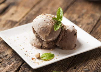 Wall Mural - Fresh Chocolate ice cream on a plate close up