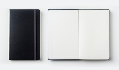 business concept - top view collection of black notebook on white background desk for mockup