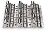 Fototapeta Dziecięca - Shiny metal parts made of steel on a white background. Studio lighting. Polished stainless steel. Cast part with holes. Black and white reflections. Laid out in neat rows. 3D illustration.