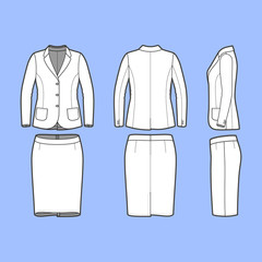 Sticker - Womens clothing set. Blank template of classic blazer and pencil skirt in front, back and side views. Casual style. Workwear suit. Vector illustration for your fashion design.