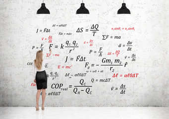 Wall Mural - Blond woman writing formulas on concrete wall