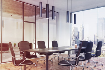 Panoramic conference room interior, corner toned