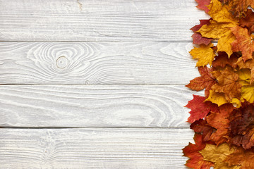 Wall Mural - Wooden background with autumn leaves