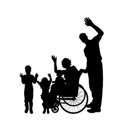 Poster - Vector silhouette of family with woman on wheelchair on white background.