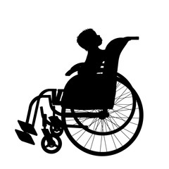 Sticker - Vector silhouette of child on wheelchair on white background.